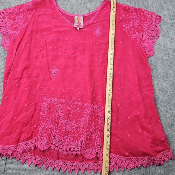 Johnny Was Blouse Womens 2X Pink Embroidered Eyelet Boho Tunic Colorful Coastal - Picture 5 of 8
